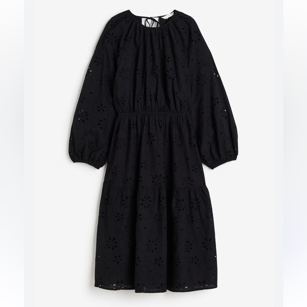 H&M Black Eyelet Midi Dress with Puff Sleeves Open Back Size Small New